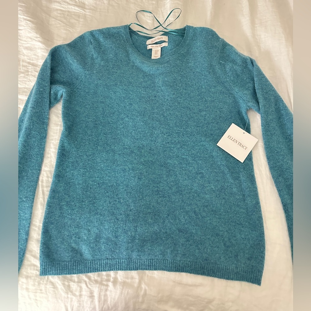 Ellen Tracy 100% Cashmere Teal Women's Crew Neck Sweater